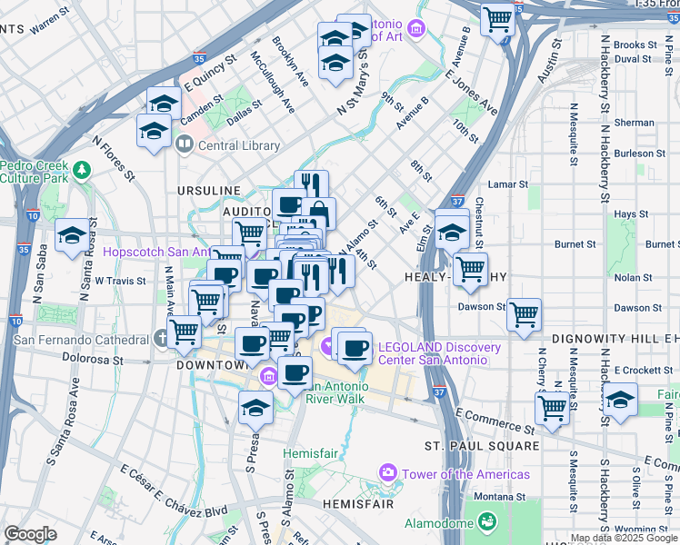 map of restaurants, bars, coffee shops, grocery stores, and more near 301 Avenue E in San Antonio