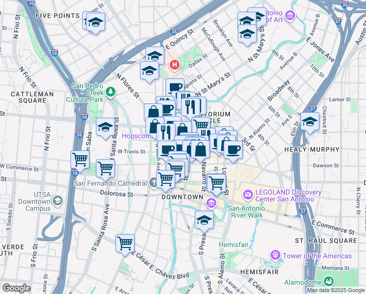 map of restaurants, bars, coffee shops, grocery stores, and more near 152 East Pecan Street in San Antonio