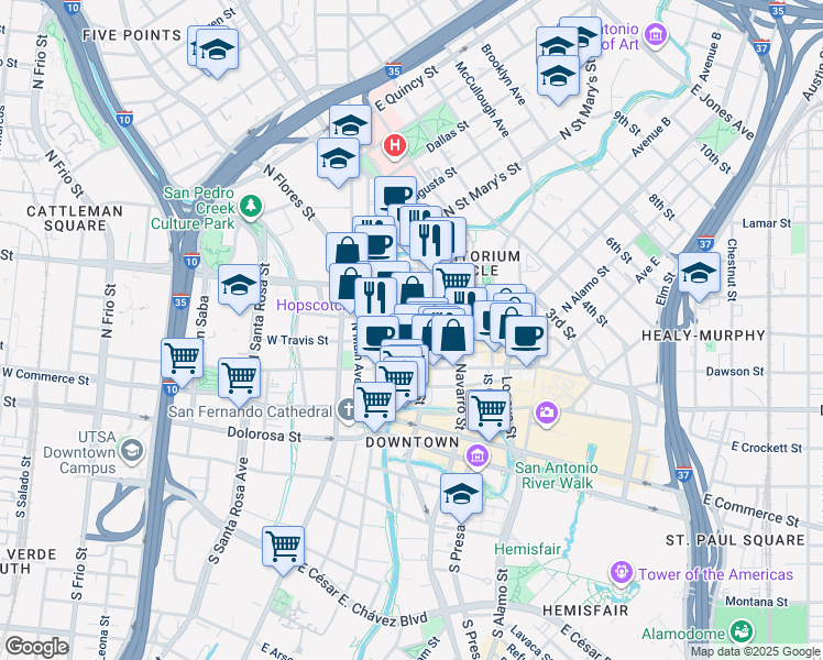 map of restaurants, bars, coffee shops, grocery stores, and more near 152 East Pecan Street in San Antonio