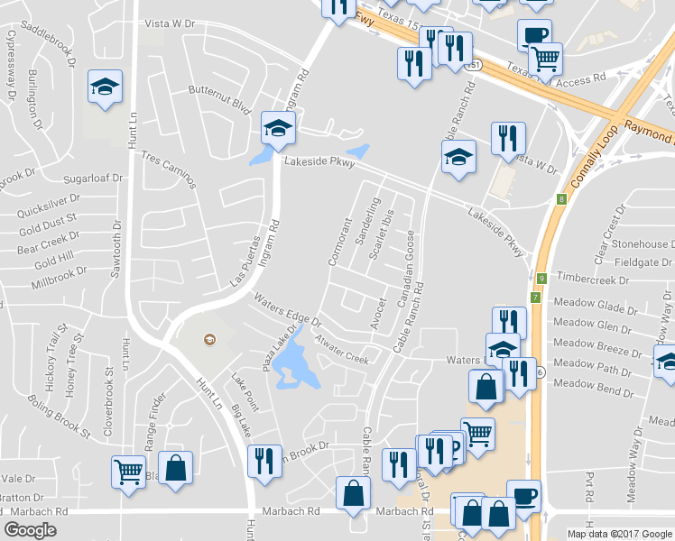 map of restaurants, bars, coffee shops, grocery stores, and more near 8830 Snow Goose in San Antonio