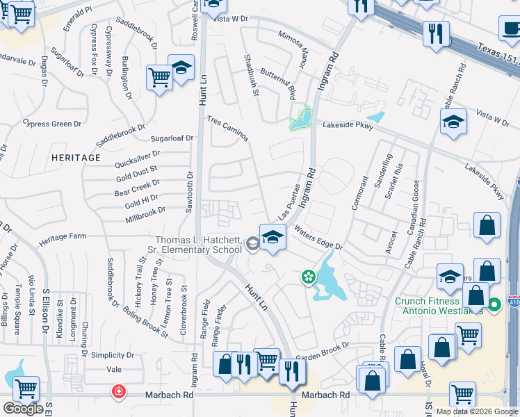 map of restaurants, bars, coffee shops, grocery stores, and more near 9111 Via Mirada in San Antonio