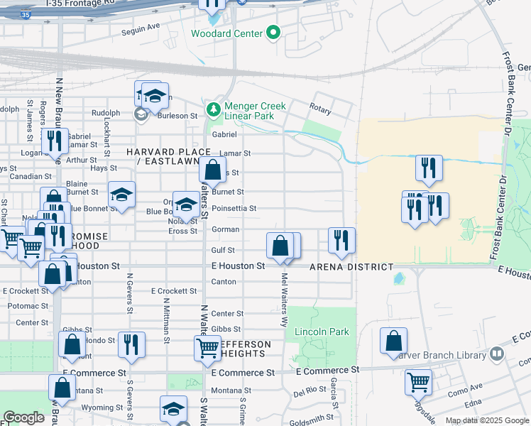map of restaurants, bars, coffee shops, grocery stores, and more near 939 Poinsettia Street in San Antonio