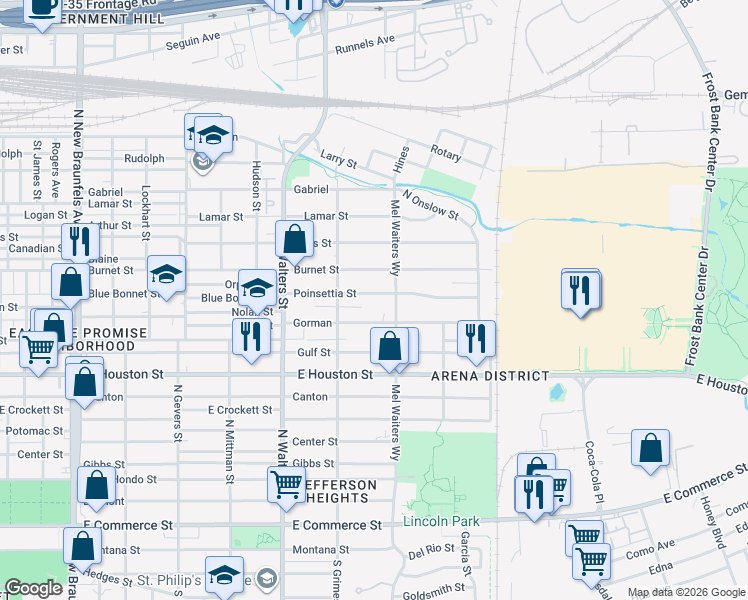 map of restaurants, bars, coffee shops, grocery stores, and more near 939 Poinsettia Street in San Antonio