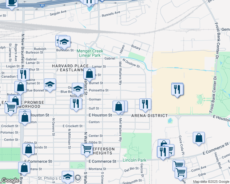 map of restaurants, bars, coffee shops, grocery stores, and more near 939 Poinsettia Street in San Antonio