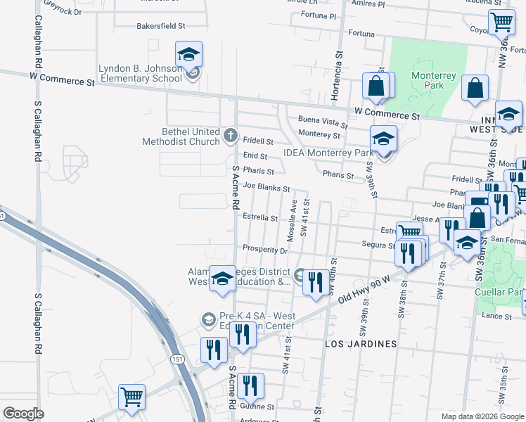 map of restaurants, bars, coffee shops, grocery stores, and more near 521 Southwest 42nd Street in San Antonio