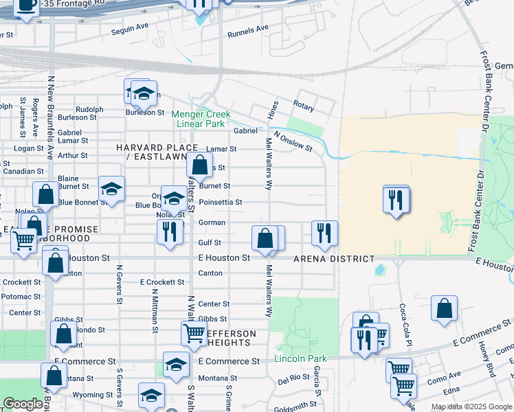 map of restaurants, bars, coffee shops, grocery stores, and more near 939 Poinsettia Street in San Antonio