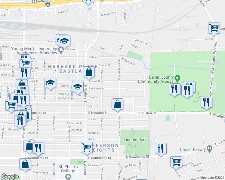 map of restaurants, bars, coffee shops, grocery stores, and more near 939 Poinsettia Street in San Antonio
