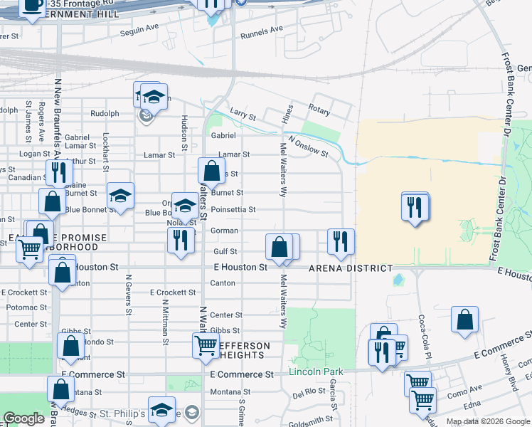 map of restaurants, bars, coffee shops, grocery stores, and more near 939 Poinsettia Street in San Antonio