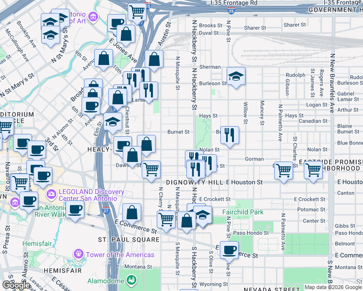 map of restaurants, bars, coffee shops, grocery stores, and more near 627 North Mesquite Street in San Antonio