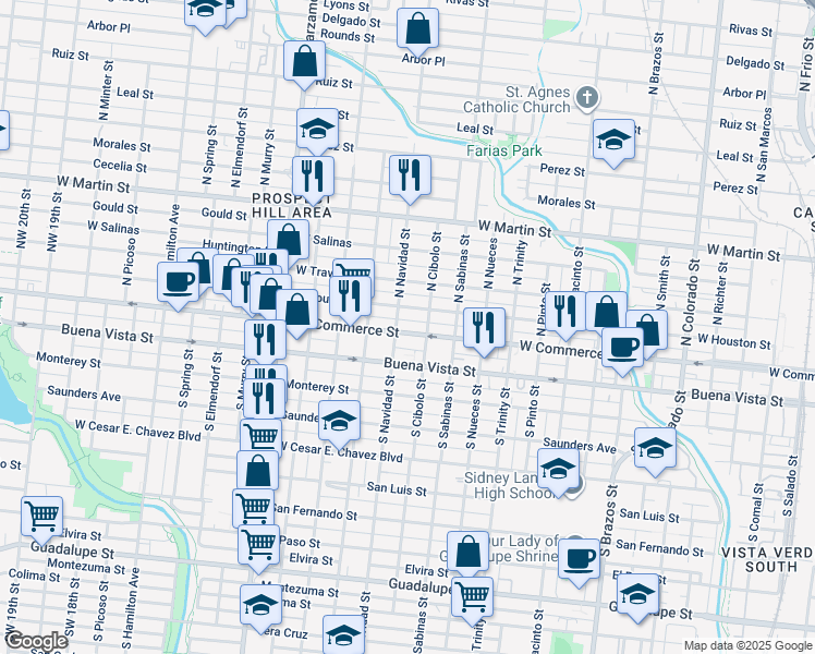 map of restaurants, bars, coffee shops, grocery stores, and more near 2410 West Houston Street in San Antonio