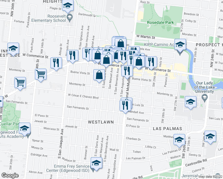map of restaurants, bars, coffee shops, grocery stores, and more near 230 South San Dario Avenue in San Antonio