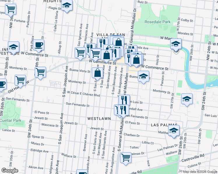 map of restaurants, bars, coffee shops, grocery stores, and more near 230 South San Dario Avenue in San Antonio
