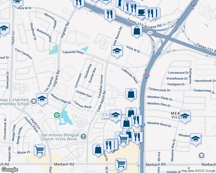 map of restaurants, bars, coffee shops, grocery stores, and more near 726 Canadian Goose in San Antonio