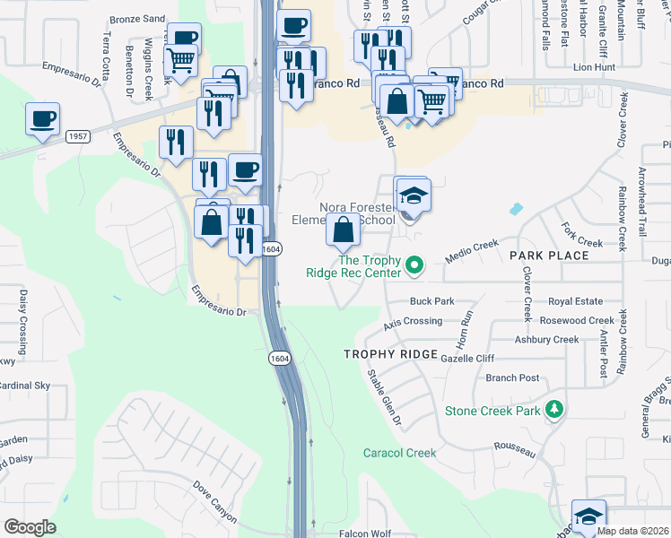 map of restaurants, bars, coffee shops, grocery stores, and more near 450 Willow Grove Drive in San Antonio