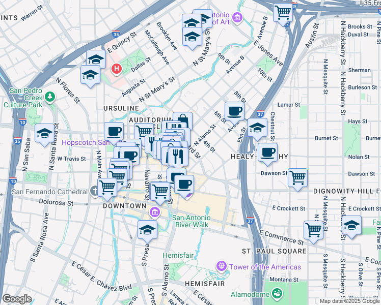 map of restaurants, bars, coffee shops, grocery stores, and more near 301 Avenue E in San Antonio