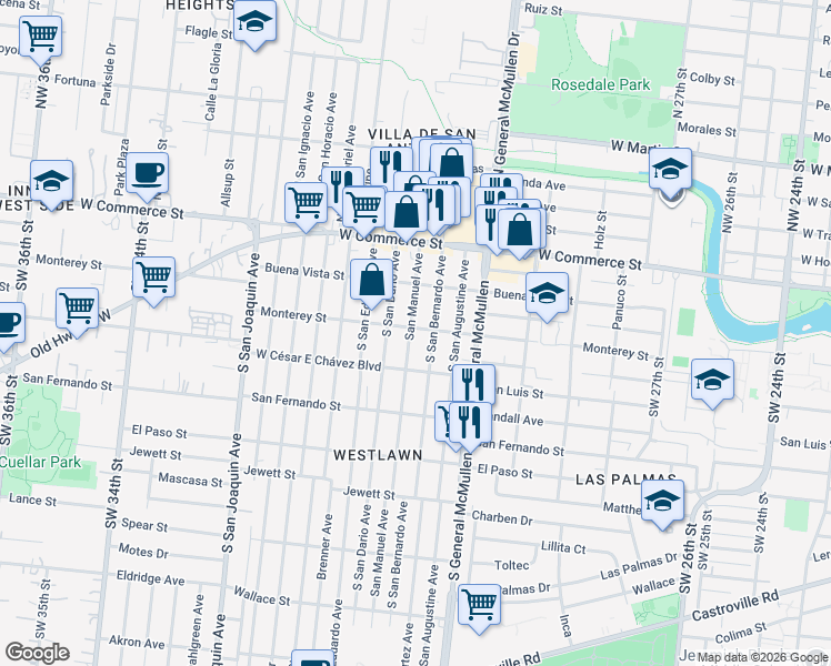 map of restaurants, bars, coffee shops, grocery stores, and more near 230 South San Dario Avenue in San Antonio