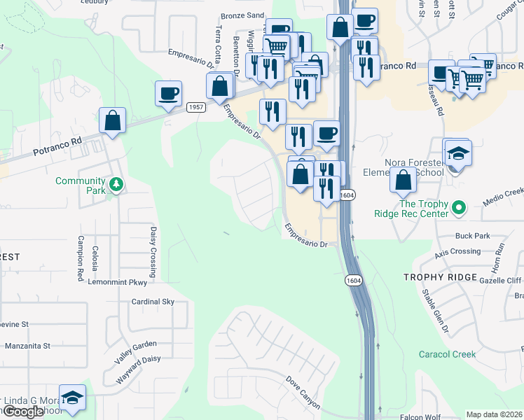 map of restaurants, bars, coffee shops, grocery stores, and more near 191 S Loop 1604 East in San Antonio