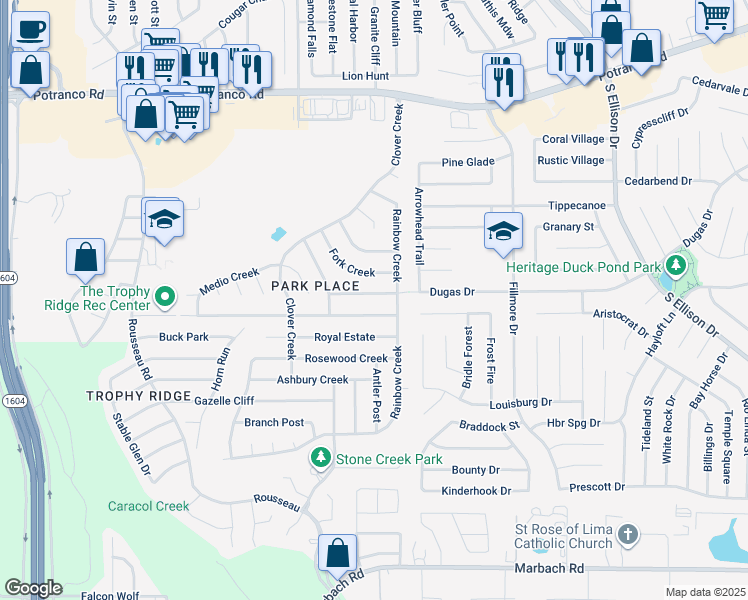 map of restaurants, bars, coffee shops, grocery stores, and more near 10522 Dugas Drive in San Antonio
