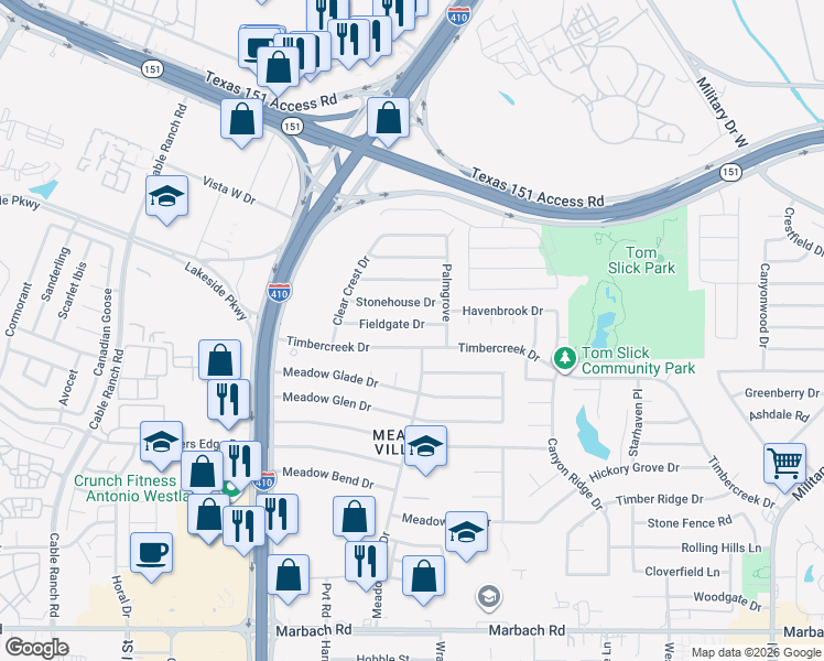 map of restaurants, bars, coffee shops, grocery stores, and more near 7411 Fieldgate Drive in San Antonio
