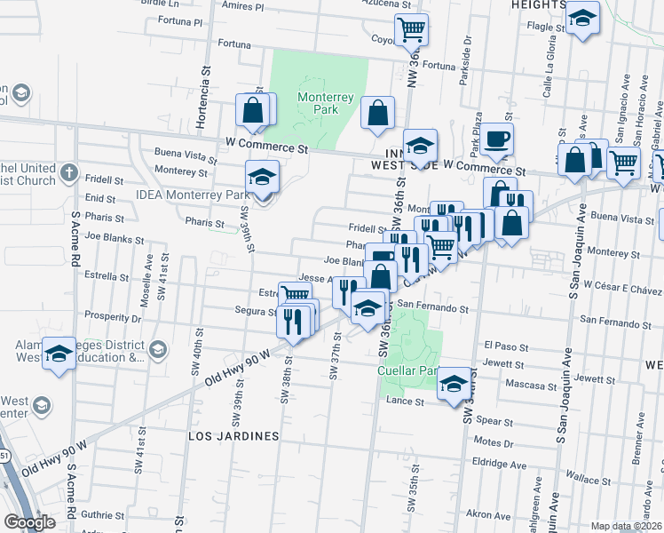 map of restaurants, bars, coffee shops, grocery stores, and more near 215 Joe Blanks Street in San Antonio