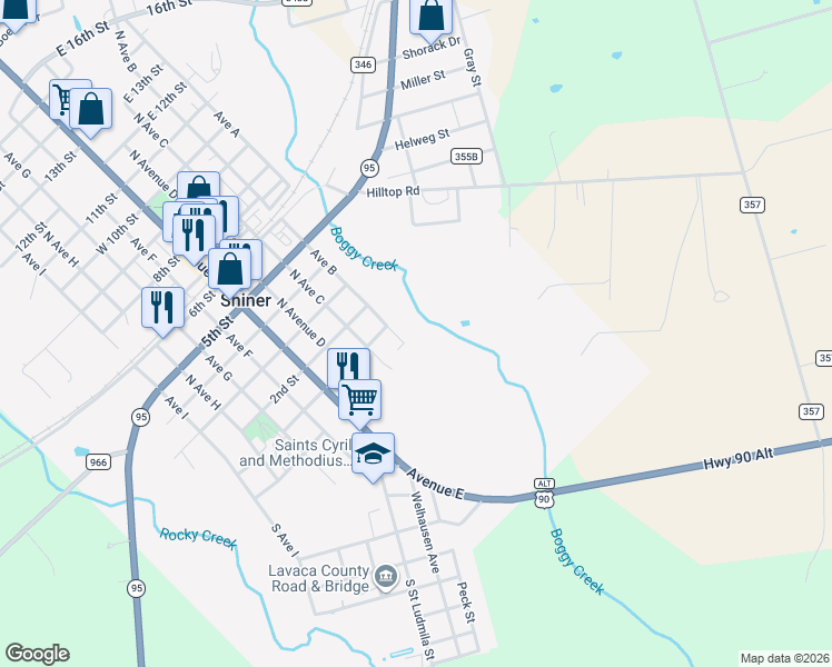 map of restaurants, bars, coffee shops, grocery stores, and more near in Shiner