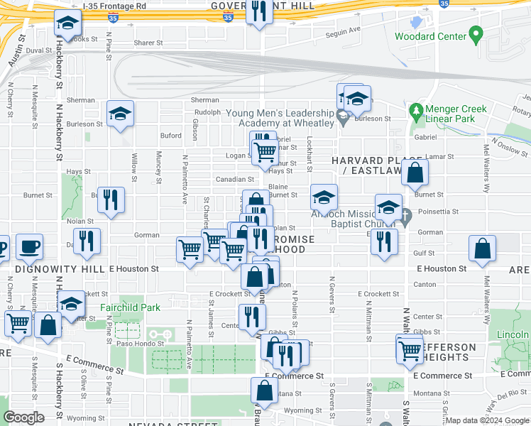 map of restaurants, bars, coffee shops, grocery stores, and more near 727 North New Braunfels Avenue in San Antonio