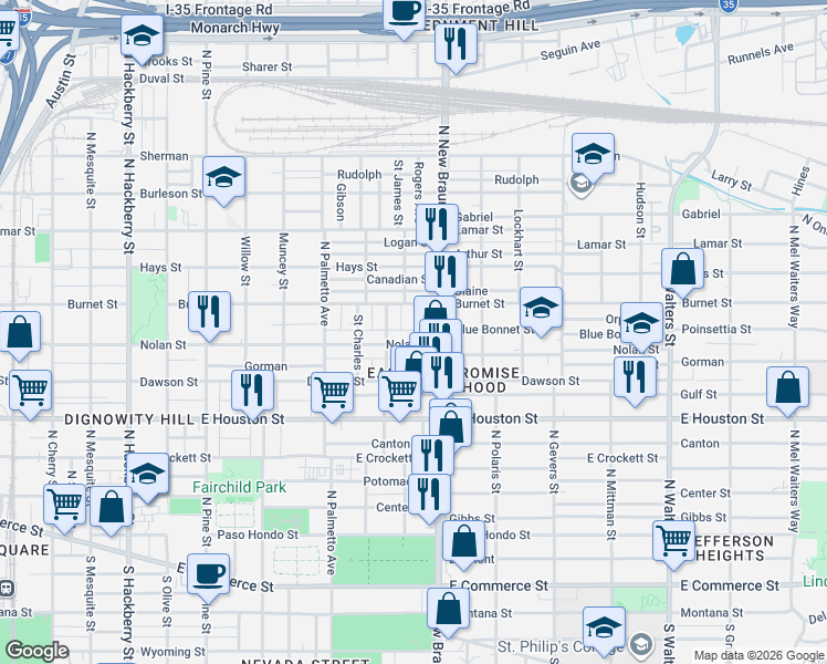 map of restaurants, bars, coffee shops, grocery stores, and more near 727 North New Braunfels Avenue in San Antonio