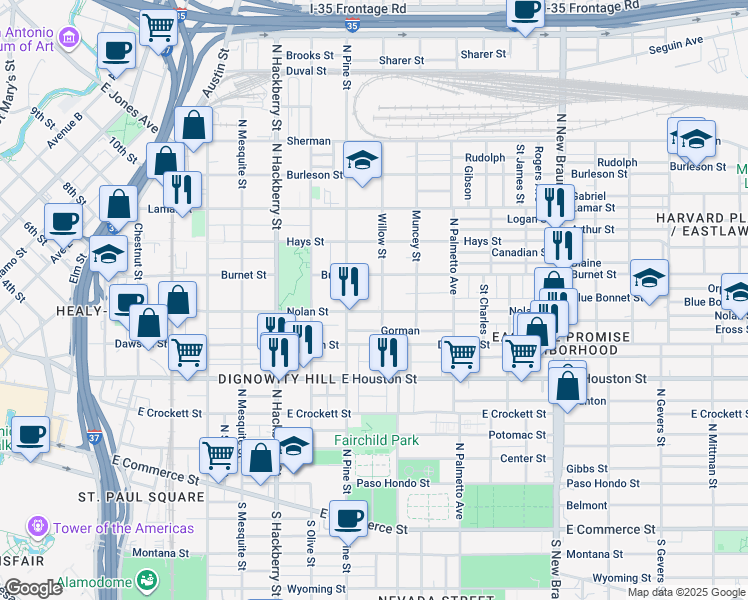map of restaurants, bars, coffee shops, grocery stores, and more near 932 Burnet Street in San Antonio