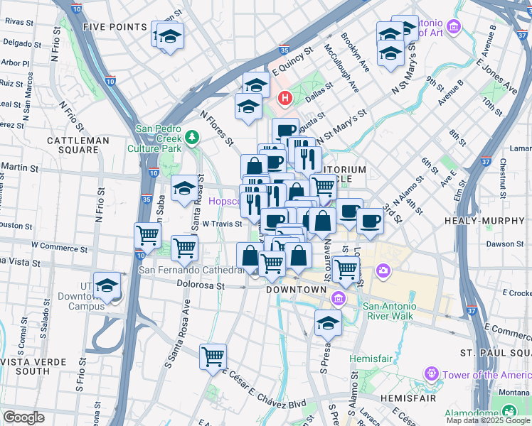 map of restaurants, bars, coffee shops, grocery stores, and more near 112 East Pecan Street in San Antonio