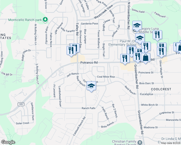 map of restaurants, bars, coffee shops, grocery stores, and more near 12831 Coal Mine Rise in San Antonio
