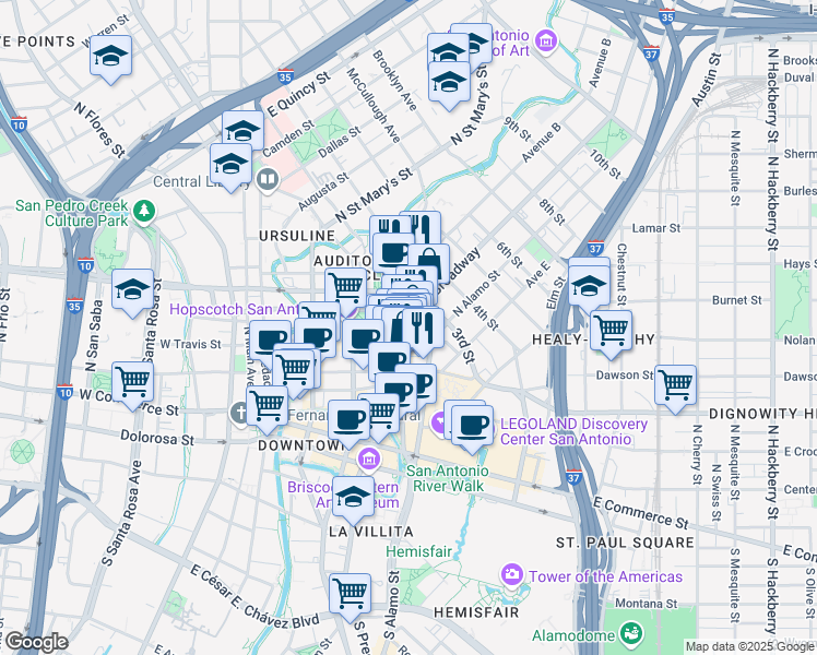 map of restaurants, bars, coffee shops, grocery stores, and more near 213 Broadway in San Antonio