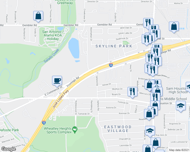 map of restaurants, bars, coffee shops, grocery stores, and more near 1525 Upland Road in San Antonio