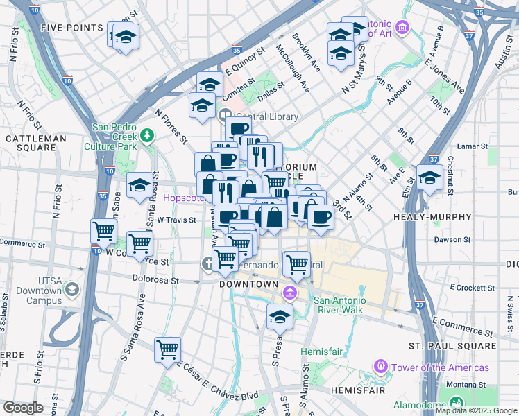 map of restaurants, bars, coffee shops, grocery stores, and more near 400 North Saint Mary's Street in San Antonio