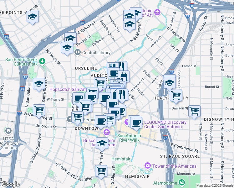 map of restaurants, bars, coffee shops, grocery stores, and more near in San Antonio