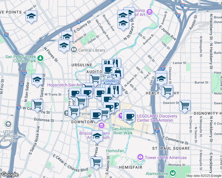 map of restaurants, bars, coffee shops, grocery stores, and more near 213 Broadway in San Antonio