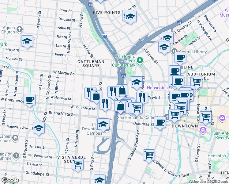map of restaurants, bars, coffee shops, grocery stores, and more near 233 North Pecos La Trinidad in San Antonio