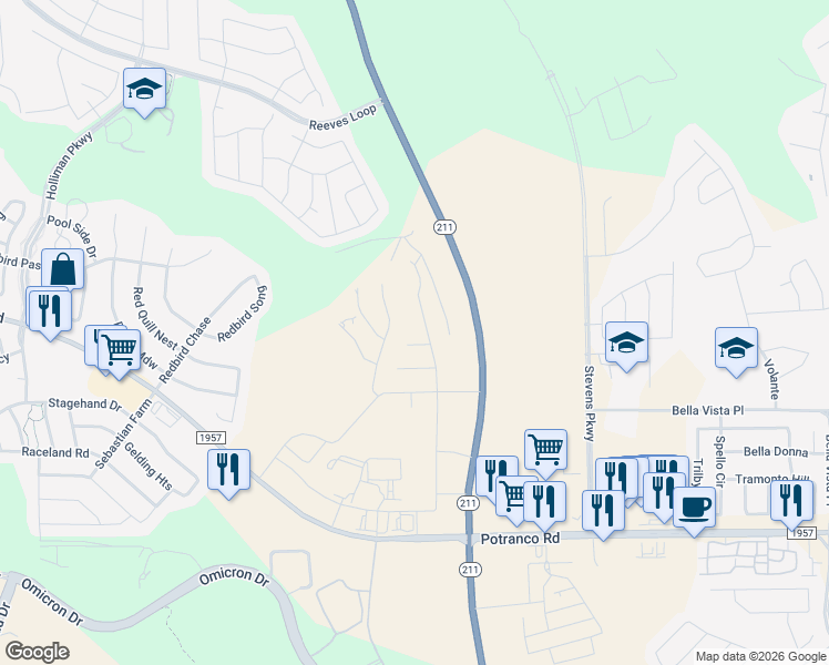 map of restaurants, bars, coffee shops, grocery stores, and more near Stevens Parkway in San Antonio