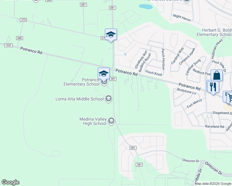 map of restaurants, bars, coffee shops, grocery stores, and more near 15574-15598 Potranco Road in San Antonio
