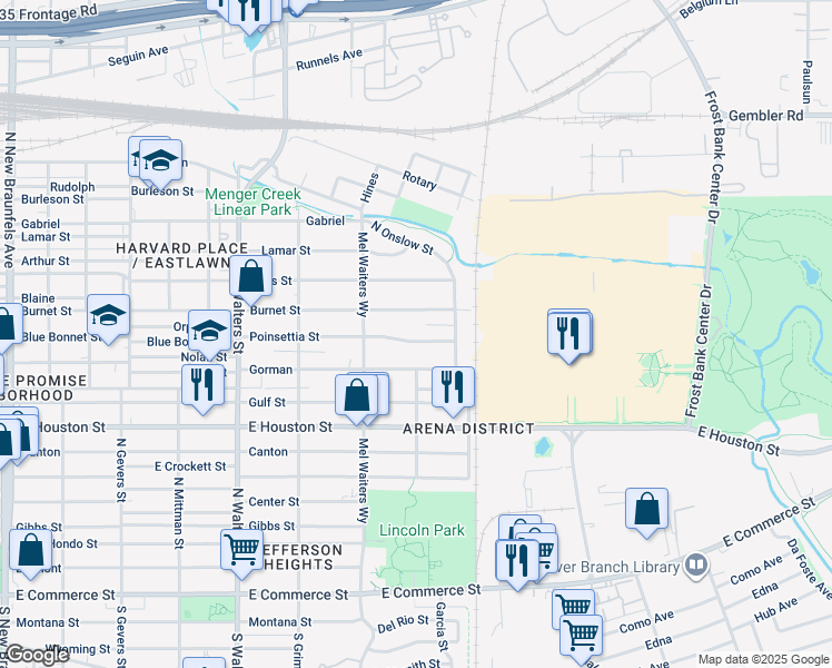 map of restaurants, bars, coffee shops, grocery stores, and more near 2358 Burnet Street in San Antonio