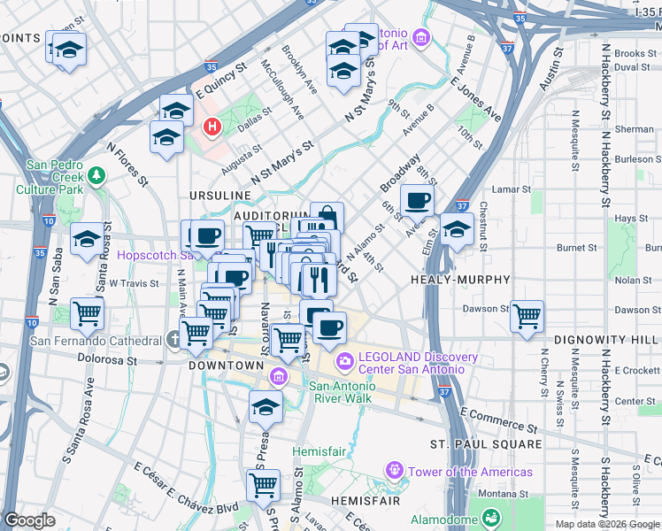 map of restaurants, bars, coffee shops, grocery stores, and more near in San Antonio