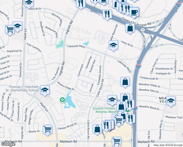 map of restaurants, bars, coffee shops, grocery stores, and more near 8622 Widgeon Court in San Antonio