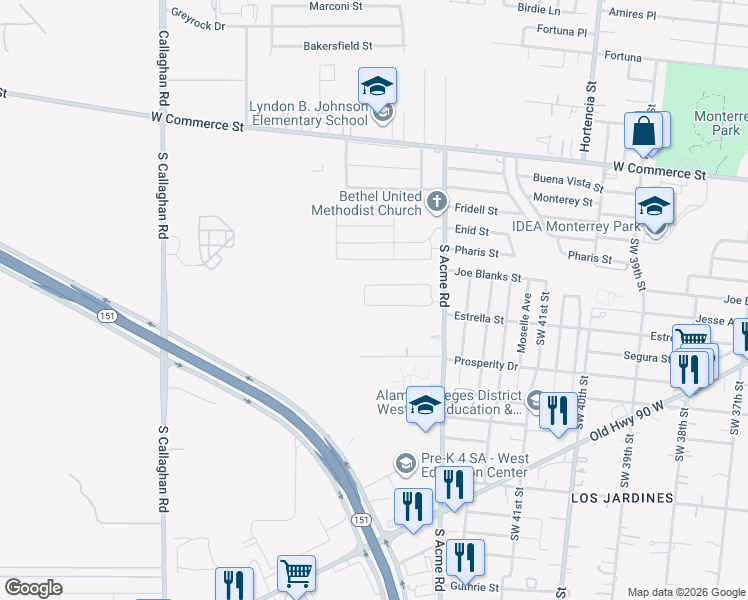 map of restaurants, bars, coffee shops, grocery stores, and more near 4230 Volcano Way in San Antonio