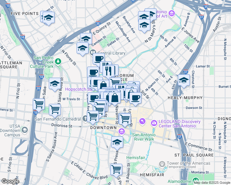 map of restaurants, bars, coffee shops, grocery stores, and more near in San Antonio