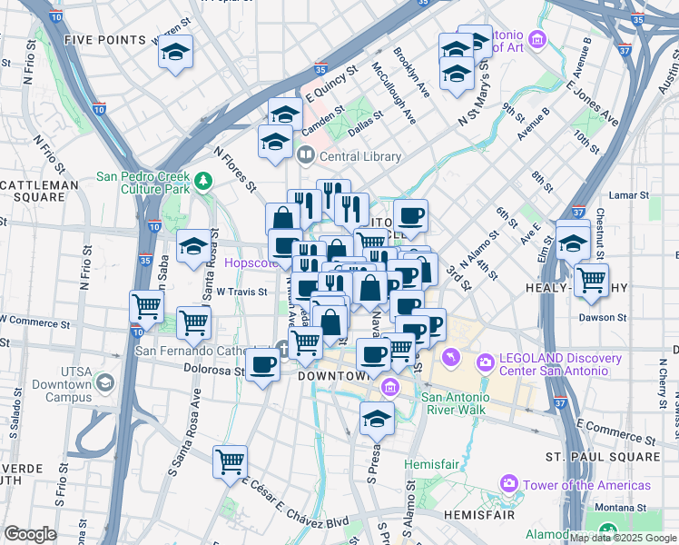 map of restaurants, bars, coffee shops, grocery stores, and more near 419 North Saint Mary's Street in San Antonio