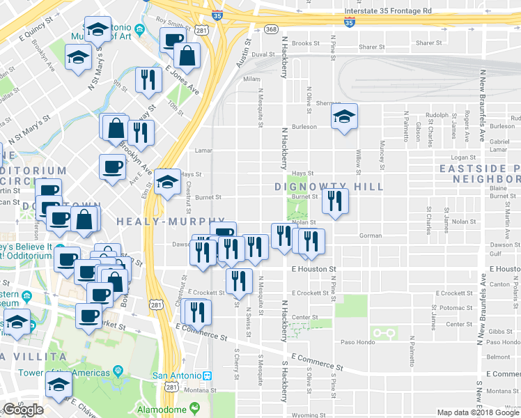 map of restaurants, bars, coffee shops, grocery stores, and more near 618 North Mesquite Street in San Antonio
