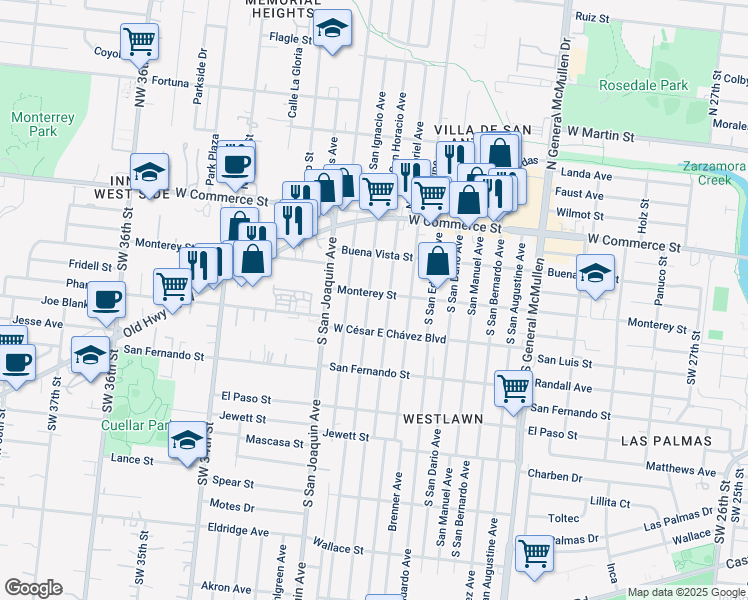 map of restaurants, bars, coffee shops, grocery stores, and more near 304 South San Ignacio Avenue in San Antonio