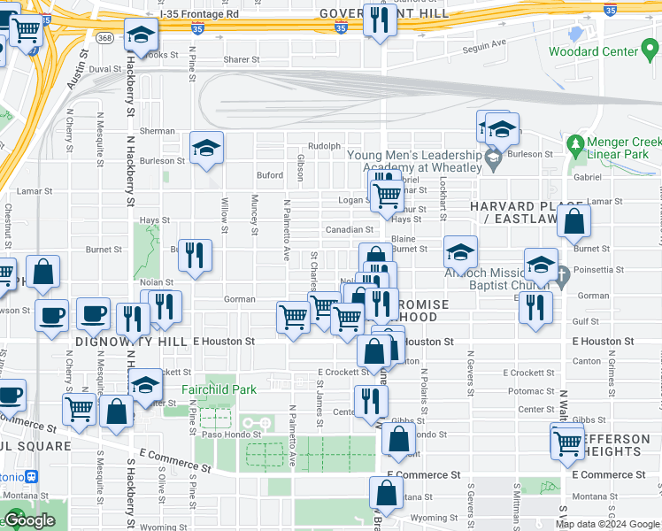 map of restaurants, bars, coffee shops, grocery stores, and more near 722 Saint James in San Antonio