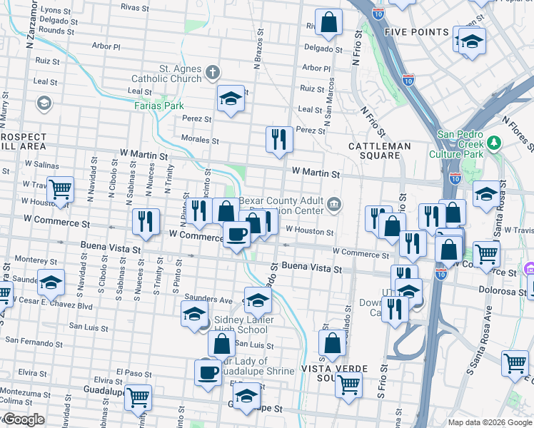 map of restaurants, bars, coffee shops, grocery stores, and more near 1503 West Travis Street in San Antonio