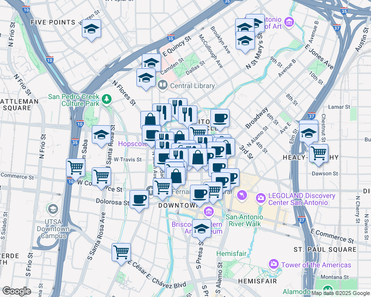 map of restaurants, bars, coffee shops, grocery stores, and more near 400 North Saint Mary's Street in San Antonio