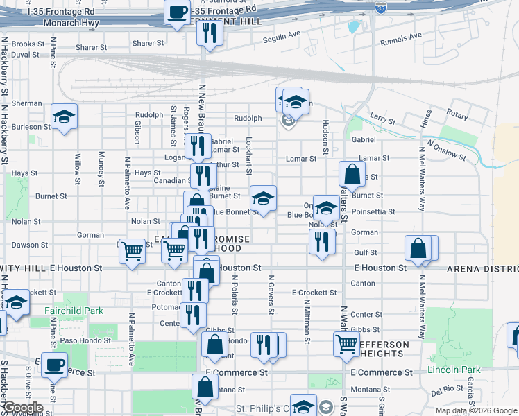 map of restaurants, bars, coffee shops, grocery stores, and more near 331 Blue Bonnet Street in San Antonio